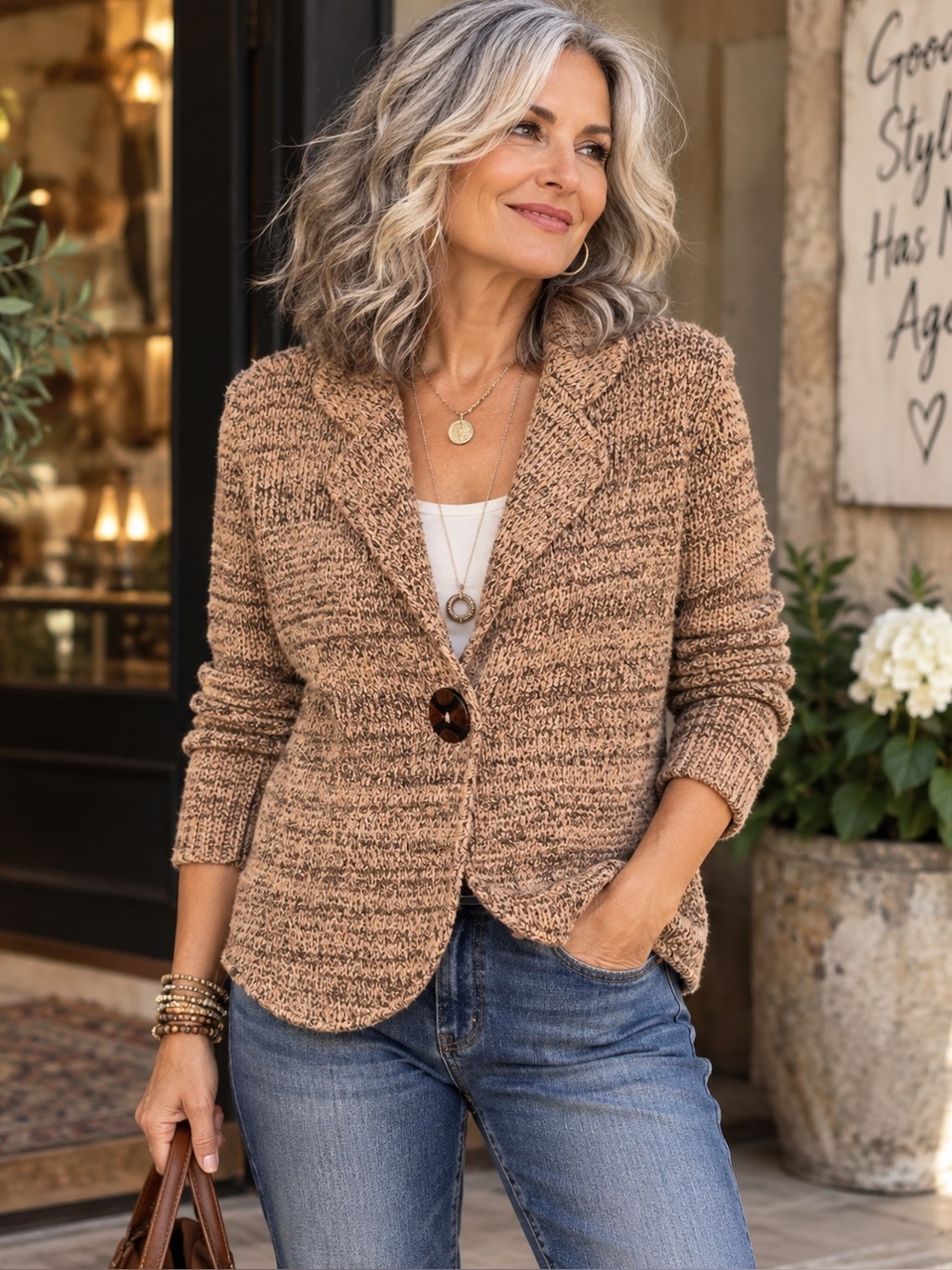 Willow Textured Knit Blazer Jacket Medium Taupe Brown Boho Button Front/Med